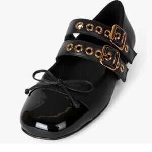 miss left Black Bows Round Toe Mary Jane Dual Buckle Straps with Grommet Flats